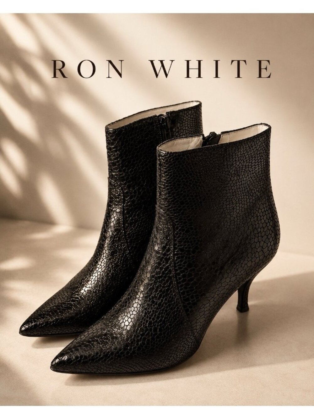 Ron White Black Snake Embossed Leather Pointed Toe Kitten Heel Ankle Bootie US6